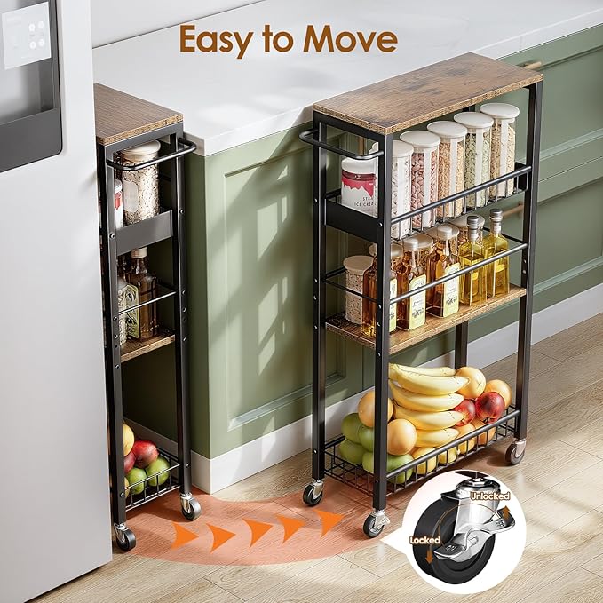 Slim Storage Rolling Cart, 4 Tier Narrow Cart with Wheels, Metal Kitchen Rolling Cart for Small Spaces, Slide Out Storage Shelves for Kitchen, Laundry Room, Bathroom, Living Room, 7.1in(W)