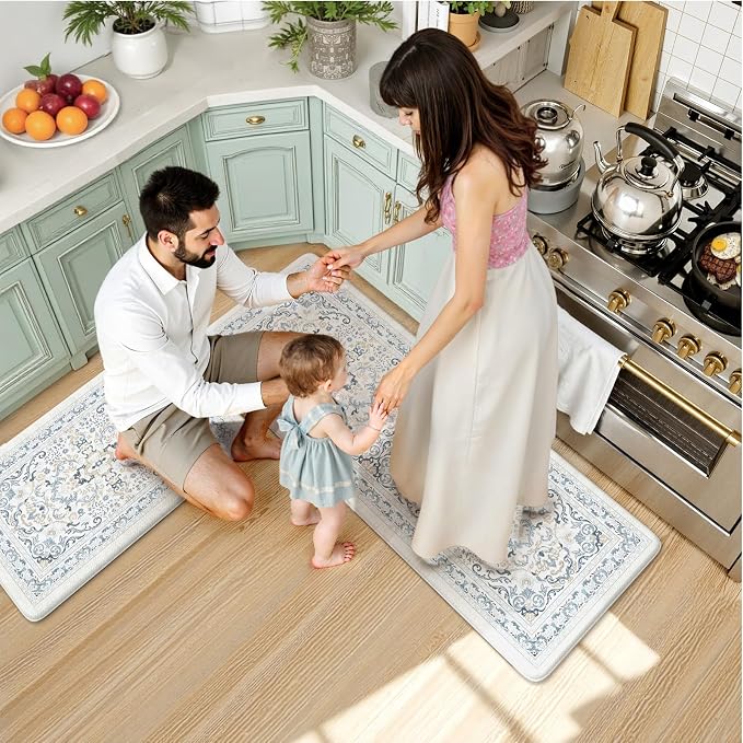 KIMODE Kitchen Floor Mats Cushioned Anti Fatigue,Boho Vintage Floral Rugs Sets of 2,Ergonomic Memory Foam Carpet Non Slip, Comfort Runner for Sink Laundry Office,Light Blue 17"x29.5"+17" x47”