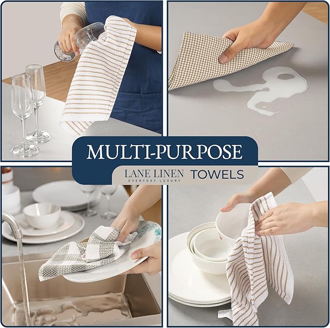 LANE LINEN 20 Piece Kitchen Linen Set - Soft Absorbent Cotton Dish Towels, Reusable Terry Dish Cloths, Flour Sack Towels for Baking, Quilted Oven Mitts & Pot Holders for Everyday Cooking - Beige