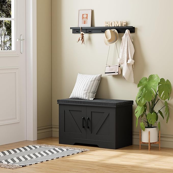 HOMSHO 2-Tier Storage Bench, 27.6" Wide Shoe Bench with Padded Seat Cushion, Entryway Bench with 2 Barn Doors and Adjustable Shelf, Black
