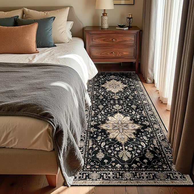 RELEANY Area Rugs Runner 3'x8' Washable Non-Slip, Floral Vintage Distress Medallion Carpet for Kitchen Hallway Bedroom Beside Laundry Room Bathroom, Black Brown Neutral Dark Tan