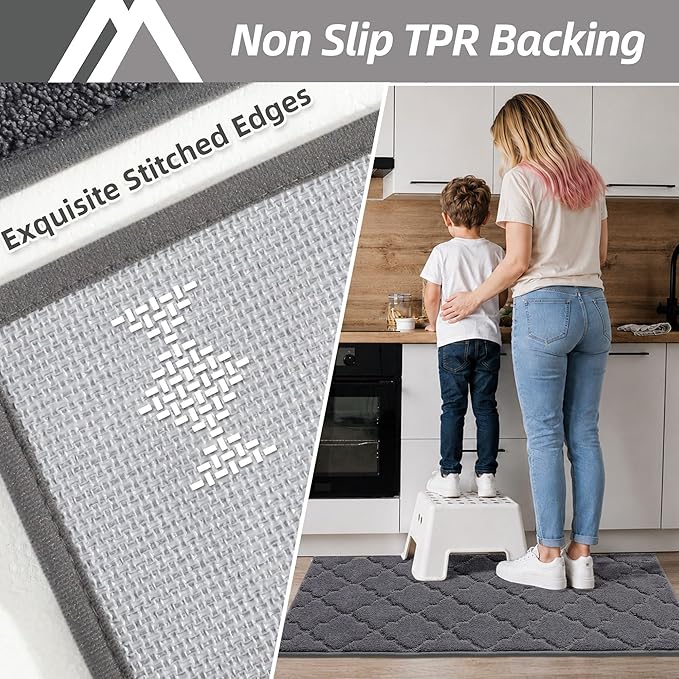 COSY HOMEER Soft Kitchen Rugs [2 PCS] for in Front of Sink Super Absorbent Kitchen Floor Mats and Mats 24x35 Inch/24X60 Non-Skid Kitchen Mat Standing Mat Washable,Polyester,Dark Grey