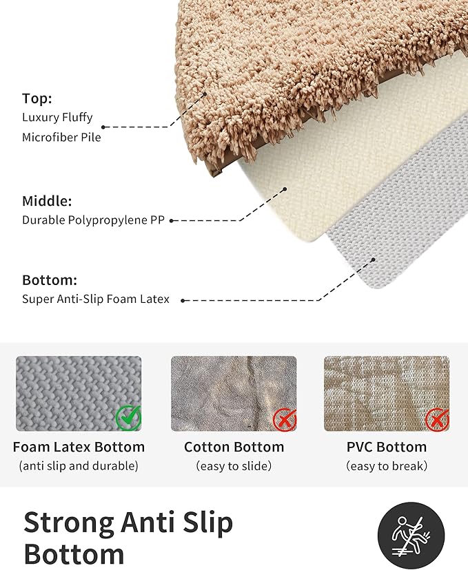 ILANGO Beige Bathroom Rugs 60" × 24" Non Slip & Super Absorbent Extra Thick Soft, Washable Bath Carpet Runner for Floor, Microfiber Plush Shaggy Bath Mats with Rubber for Bedroom Bathtub Shower Room