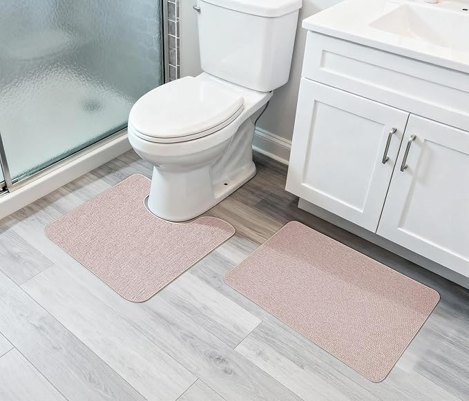 Bosap Bathroom Rugs Set 2 Pieces,Thin Bathroom Mats,Toilet Rugs,Quick Dry,Non-Slip,Machine Washable,Low Pile,Absorbent Bath Mats,Shower,Sink,Home Decor Accessories.Beige,1'5"x2'3"+1'8"x2" U Shape