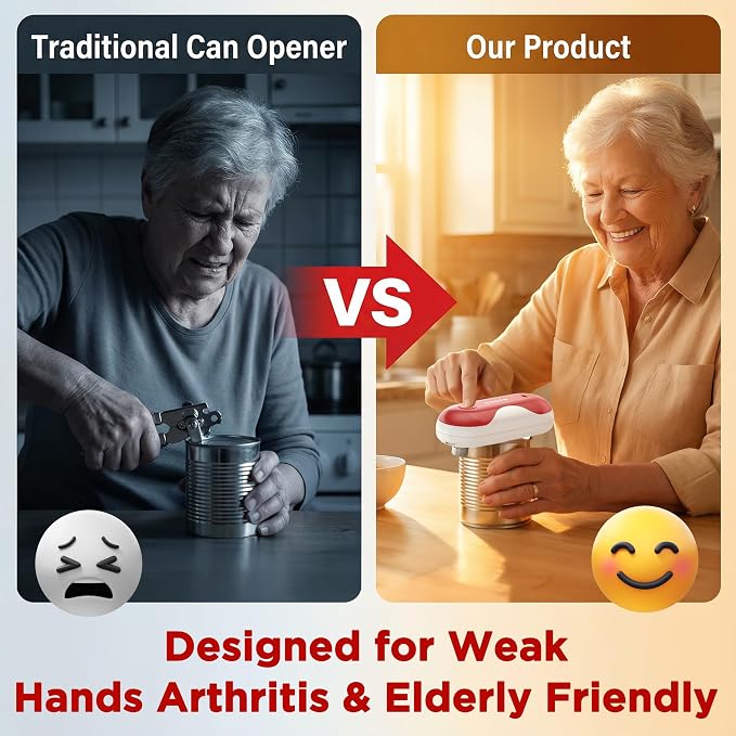 CACOE Automatic Smart Electric Can Opener with Auto Stop & USB-C Charging - Cordless Can Opener for Elderly and Arthritic Users for Seniors & Arthritis, Effortless One-Touch Open (red)