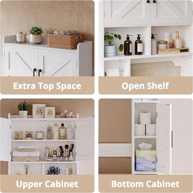IRONCK 67" Farmhouse Over The Toilet Storage Cabinet, Bathroom Organizer with Door, Adjustable Shelves, Side Cabinet and Toilet Paper Holder, Shelf Cabinet for Bathroom, Restroom, Laundry, White