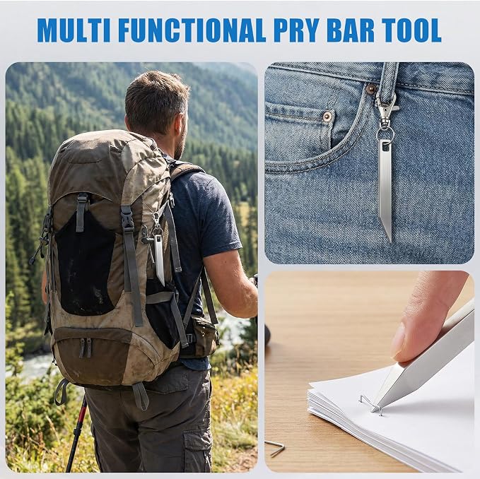8PCS EDC Pry Bar Keychain Set, 4 Stainless Steel Mini Pry Bars with 4 Key Rings, Pocket Multitool with Screwdriver, Bottle Opener and Box Opener