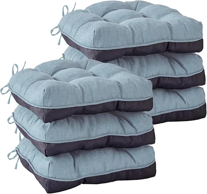 IASEAHK Chair Cushions for Dining Chairs, Seat Cushions for Kitchen Chairs, Indoor Seat Cushions with Ties, Tufted Foam Chair Pads, Non Slip Chair Cushions Set of 6, 15.5" x 15.5" x 4", Light Blue