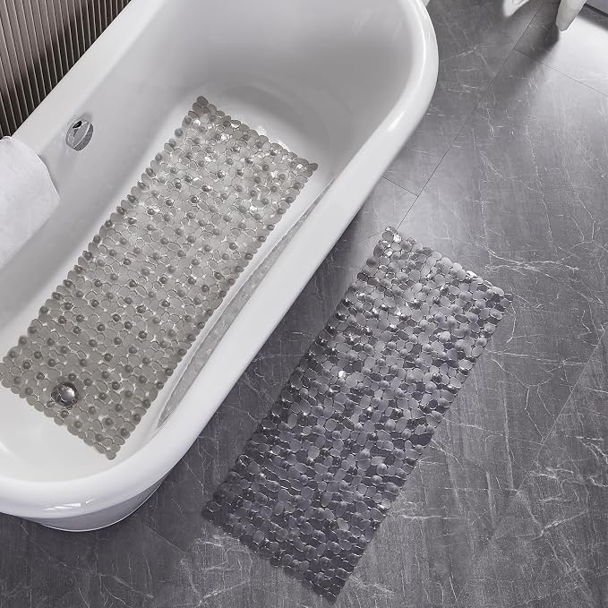 Webos Bath Shower Mat Non Slip: Extra Large Pebble Bathtub mat for Families, Anti Slip Shower Matt with Drain Holes Suction Cups Tub Mat - 16 X 40 Inch Clear Grey