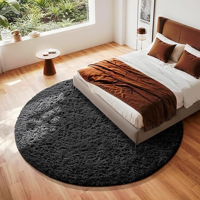 Ophanie Round Rug 8Ft Black Circle Area Rug, Room Decor for Men, Fluffy Fuzzy Bedroom Carpet, Plush Soft Shaggy Living Room Rugs for Kids Home Aesthetic, Nursery