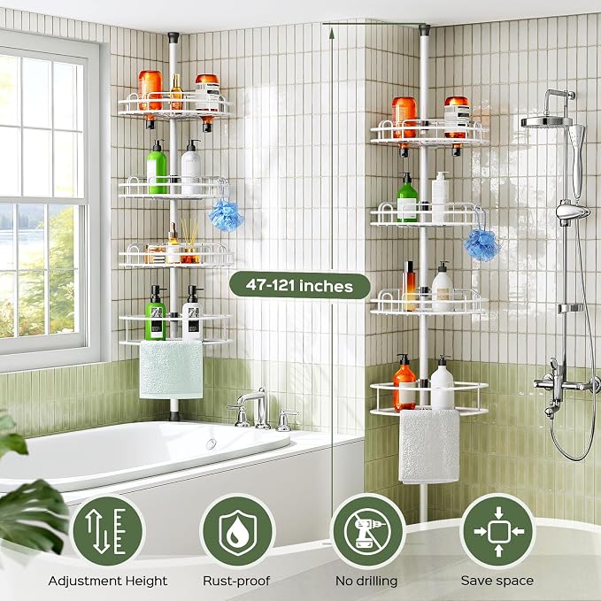 HAMITOR Corner Shower Caddy Tension Pole: Rustproof Bathroom Organizer Shelves for Bathtub Shampoo Accessories Storage Holder - 47-121 Inch Adjust - White