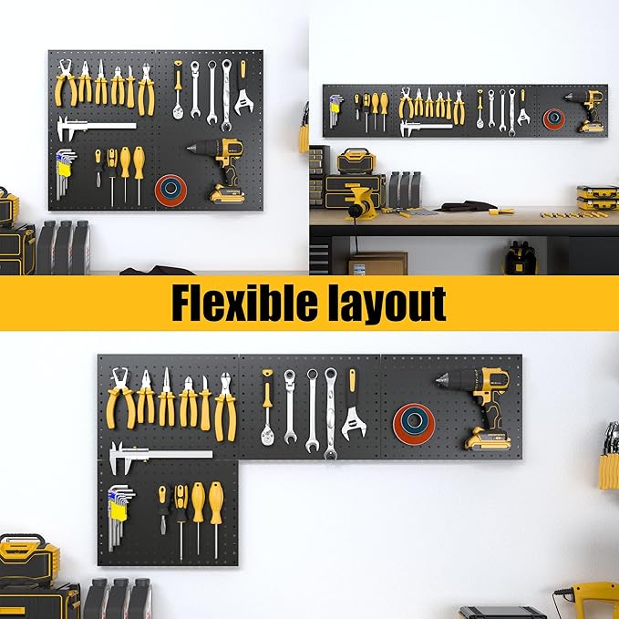Spampur Peg Board, 4 Pack Metal Pegboard Panels with 50 Hooks, Black Pegboards Wall Organizer, Heavy Duty Peg Board for Walls Home, Garage Tool Storage, Office Organization, Craft Room, Kitchen