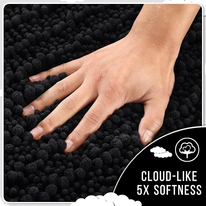 Yimobra Bathroom Rugs Non Slip Washable 32x20 Inch - Ultra Soft Absorbent Chenille Bath Mat, Quick Dry Shaggy Floor Carpet for Tub Shower, Black Home Decor Accessories