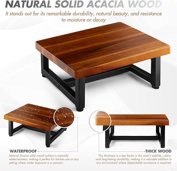 FANATU 13'' Wooden Step Stool, One Step Stool for Adults, Wooden Beside Step Stool with 550 Load Capacity (Acacia, 6.3 in – Metal Legs)