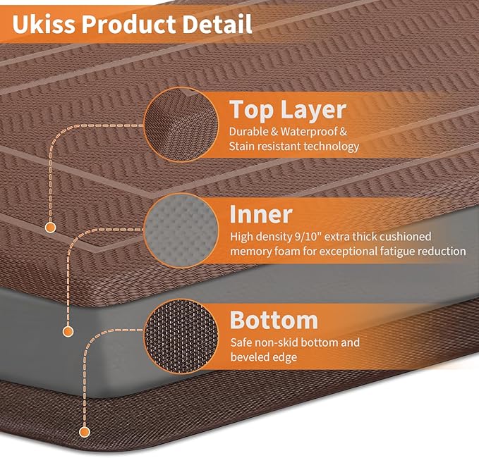 UKISS 9/10"" Extra Thick Cushioned Anti Fatigue Kitchen Mat, Waterproof High Density Foam Standing Desk Mat, Non-Slip Ergonomic Comfort Mat for Kitchen, Office,Workstation (Brown, 20" X 32")