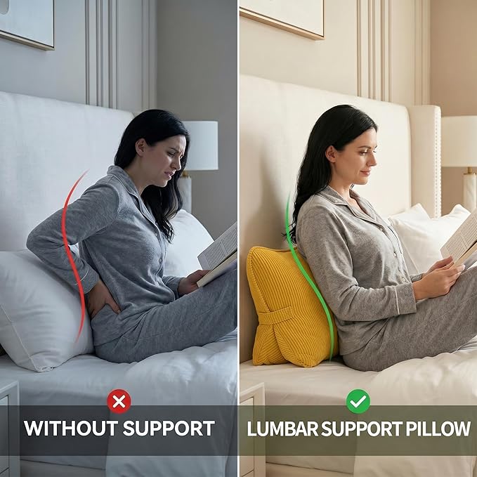 Pat. Pend. Corduroy Reading Back Pillow with Lumbar Support, Triangle Backrest Cushion for Bed Sitting & Relaxing, Support Pillow for Sofa or Headboard, Bright Yellow