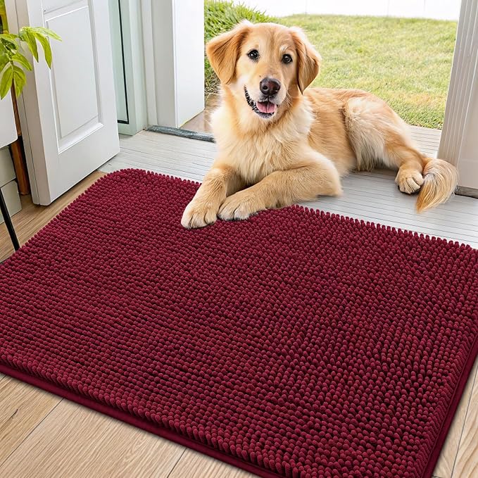 Smiry Dog Door Mat for Muddy Paws 36x24, Absorbent Dirt Trapper, Non-Slip Washable Chenille Entryway Rug for Inside Floor, Burgundy, Classic Solid