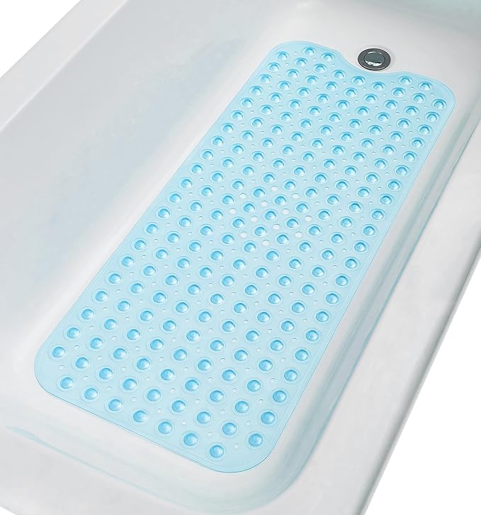 Extra-Long Non-Slip Bathtub & Shower Mat 39”x16” (Smooth/Non-Textured Tubs Only) Safe, Clean, Machine-Washable, Superior Grip&Drainage, Vinyl, Transparent Light Blue