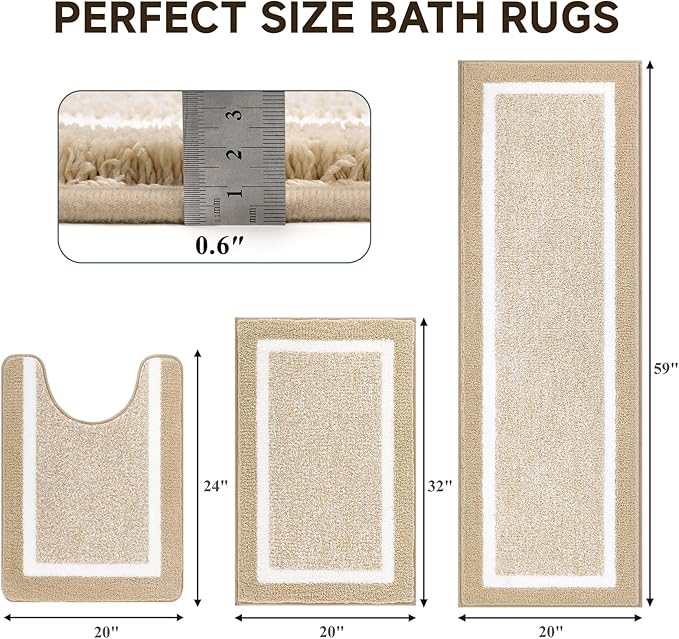 Pauwer Bathroom Rugs Sets 3 Piece Bathroom Shower Rugs with U-Shaped Contour Toilet Mat Absorbent Microfiber Plush Bath Mats Non Slip Bath Rugs Machine Washable Shaggy Bath Floor Mats