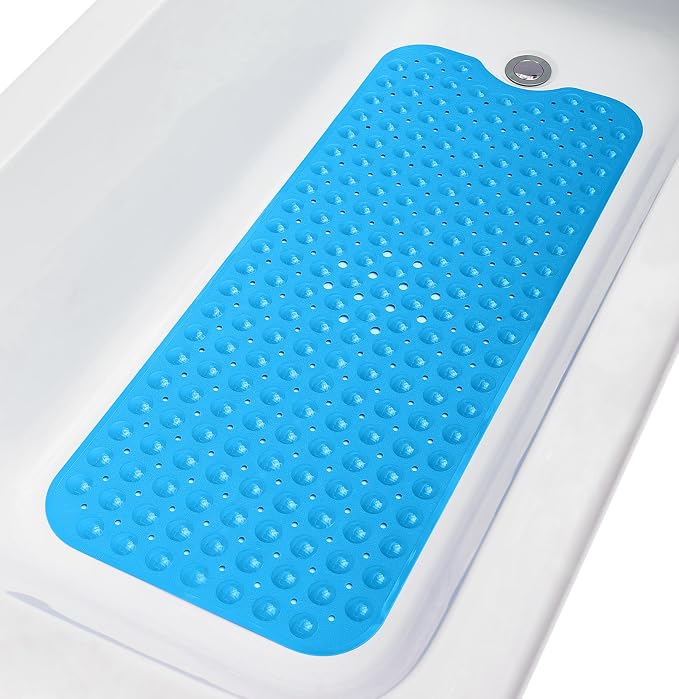 Extra-Long Non-Slip Bathtub & Shower Mat 39”x16” (Smooth/Non-Textured Tubs Only) Safe, Clean, Machine-Washable, Superior Grip&Drainage, Vinyl, Opaque Light Blue