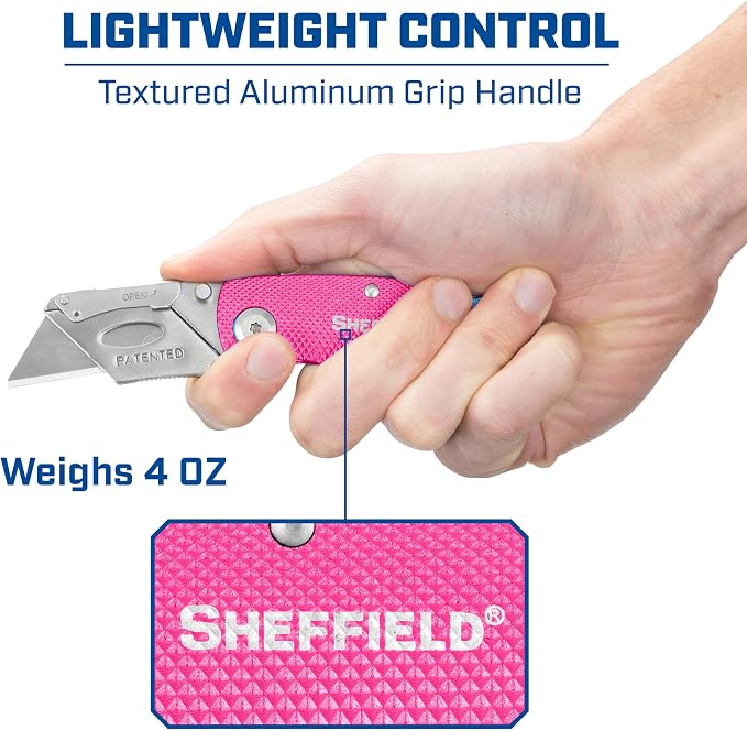 Sheffield 12346 Lock Back Utility Knife 4 Pack with 10 Blades, Quick Change Folding Box Cutter, Aluminum Handle Utility Knives with Pocket Clip, Pink & Purple