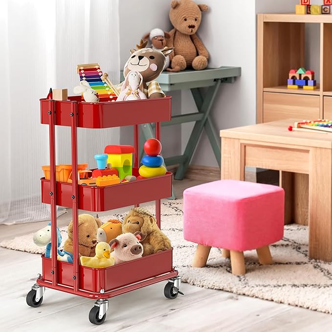 Simple Houseware 3-Tier Compact Utility Rolling Cart, Low 24” Height Fits Under Desk, Space-Saving Storage for Home Office, Dining Room, or Kitchen, Red