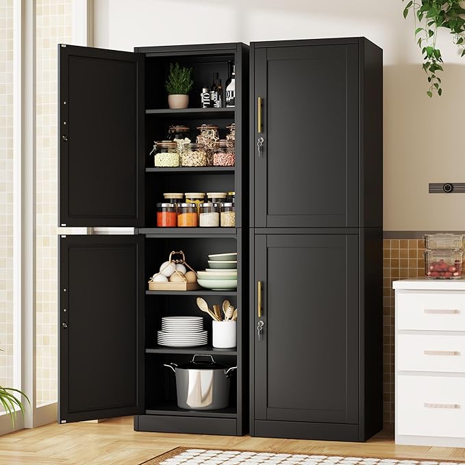 Tall Metal Narrow Bathroom Storage Locker Cabinet 67" H, Tall Black Pantry Cabinets with 4 Adjustable Shelves and 2 Lockable Doors for Kitchen, Home Office, Living Room, Dining Room