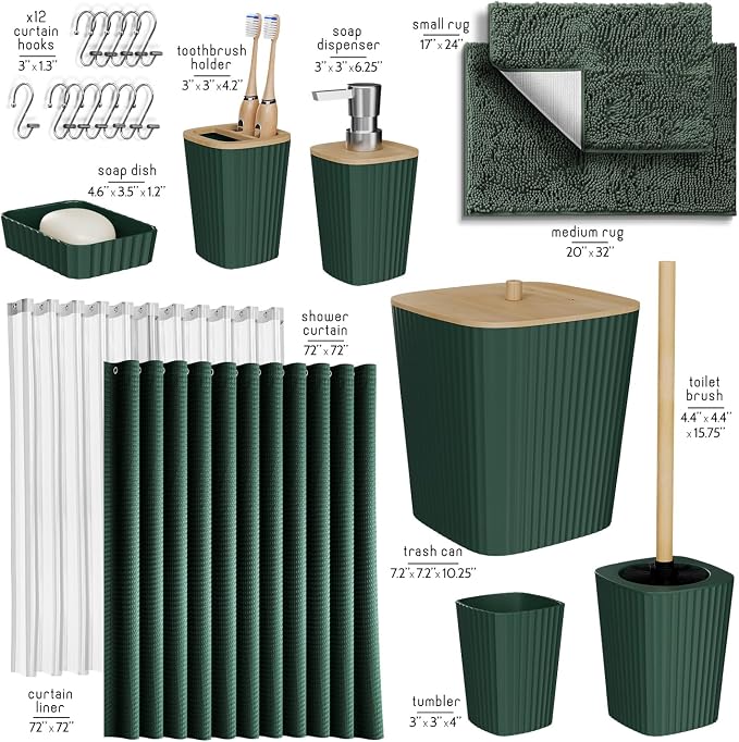 Clara Clark Bathroom Accessories Set - Bathroom Set, Bathroom Sets with Shower Curtain and Rugs, Shower Curtain Set with Bathroom Trash Can - Green - 22PC