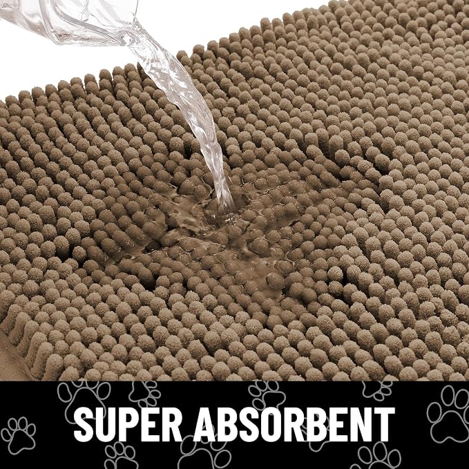 Smiry Dog Door Mat for Muddy Paws, Absorbent Dirt Trapper Non Slip Quick Dry Washable Chenille Mat for Mud Dogs, Entry Rug for Indoor and Outdoor (48x30 Inches, Camel and Black)