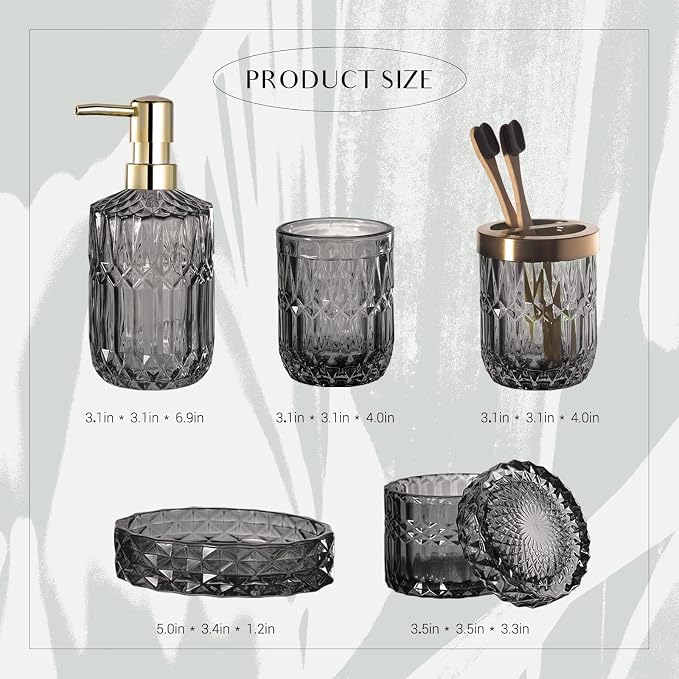 EMPO 6PCS Bathroom Clear Glass Accessories Set (Lotion Soap Dispenser, Soap Dish, Toothbrush Holder, Tumbler, Cotton Swab Jar) Contemporary Modern Decor Crystal Clear Vintage Gift (6pcs Gray)