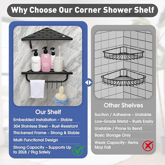 Corner Shower Shelf, 10'' Shower Corner Shelf with Towel Bar & Hooks, 304 Stainless Steel Recessed Bathroom Shelves, No Drilling for Tiled Wall, 2-Pack (Matte Black)