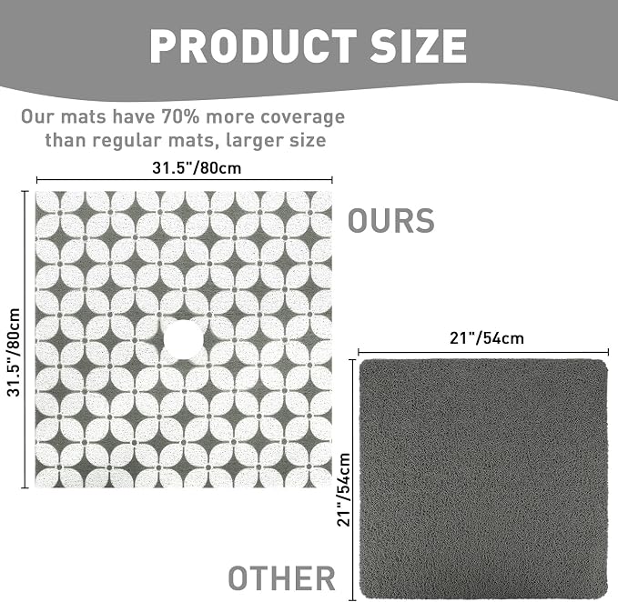 Square Shower Mat Non Slip: 32 x 32 Inch Extra Large Shower Mats with Drain Hole in Middle - PVC Loofah Anti Slip Shower Floor Matt for Inside Shower
