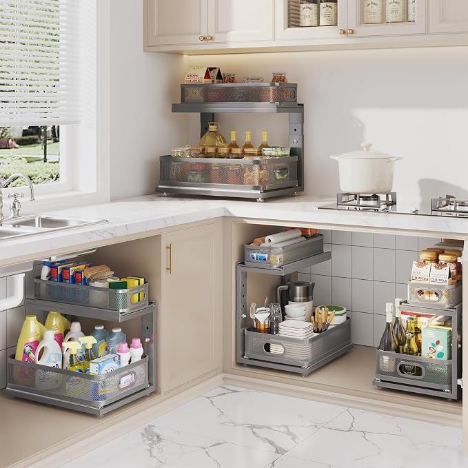 1 Pack Under Sink Organizer With Next-Gen Ball-Bearing Slides,2-Tier Precision Mesh Pull Out Cabinet Storage for Bathroom&Kitchen,Height Adjustable Drawers Shelf,Anti-rust-Grey