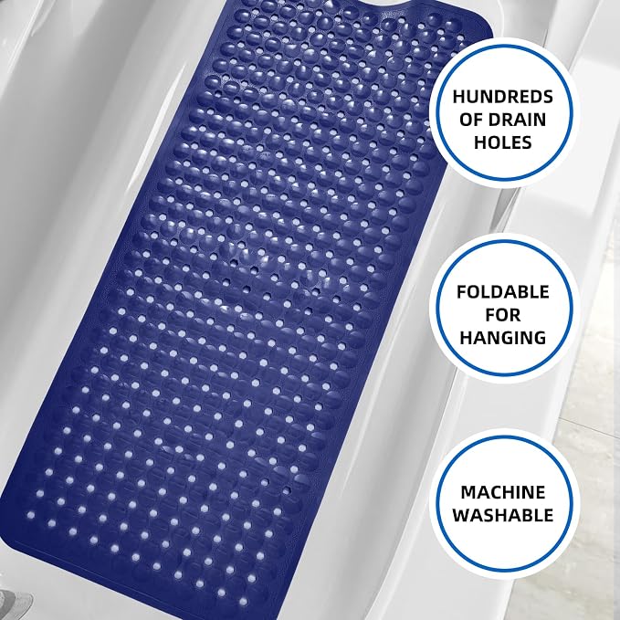 MOONFLY Shower and Bathtub Mat,40x16 Inches,Extra Long Non Slip Mats with Suction Cups and Drain Holes, Machine Washable and Anti Slip Bathmats, Bathroom Mats for Tub Nonslip (Navy Blue)