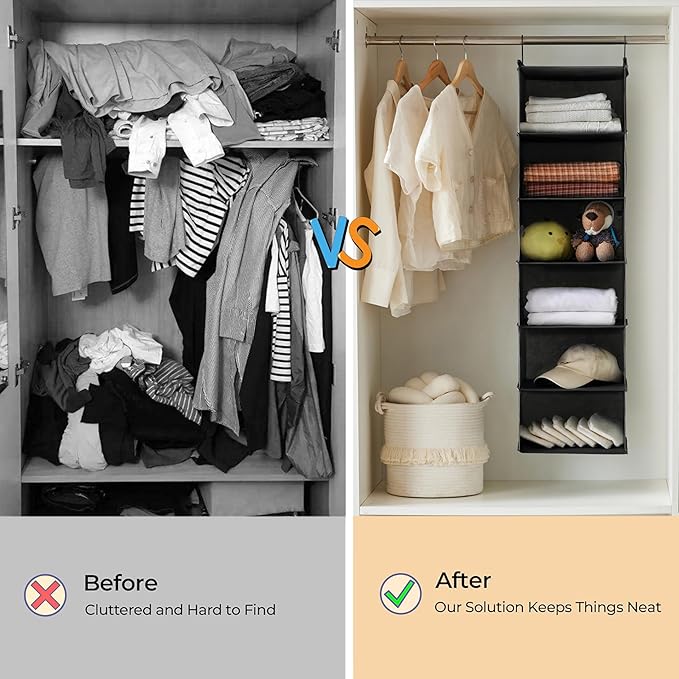 MAX Houser 6 Tier Shelf Hanging Closet Organizer, Closet Hanging Shelf with 2 Sturdy Hooks for Storage, Foldable (Black-D3)
