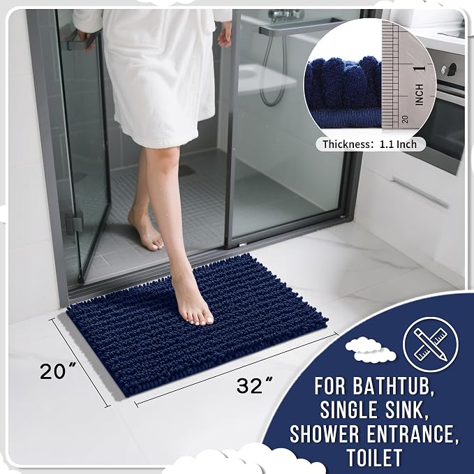 Yimobra Bathroom Rugs Non Slip Washable 32x20 Inch - Ultra Soft Absorbent Chenille Bath Mat, Quick Dry Shaggy Floor Carpet for Tub Shower, Navy Blue Home Decor Accessories