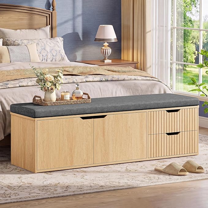 59" Storage Bench with Drawer, 2-Tier Shoe Bench with Doors, Long Entryway Bench, Thickened Cushion, Adjustable Shelf, Fluted Design for Entryway, Bedroom, Living Room, Natural