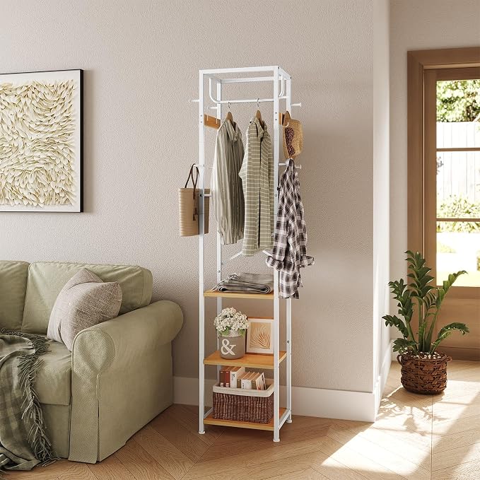 ELYKEN Coat Rack Freestanding, Hall Tree with 3 Storage Shelves and 12 Hooks, Industrial Clothes Rack Stand Organizer for Bedroom, Hallway, Entryway, Office, Living Room