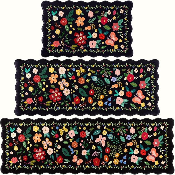 Kitchen Rugs Set of 3, Black Vintage Floral Scalloped Anti Fatigue Mats, Cushioned Non Slip PVC Floor Rugs, Comfort Standing Kitchen Floor Mats for Sink Laundry Office Home, 18x30, 18x48,18x60 Inch