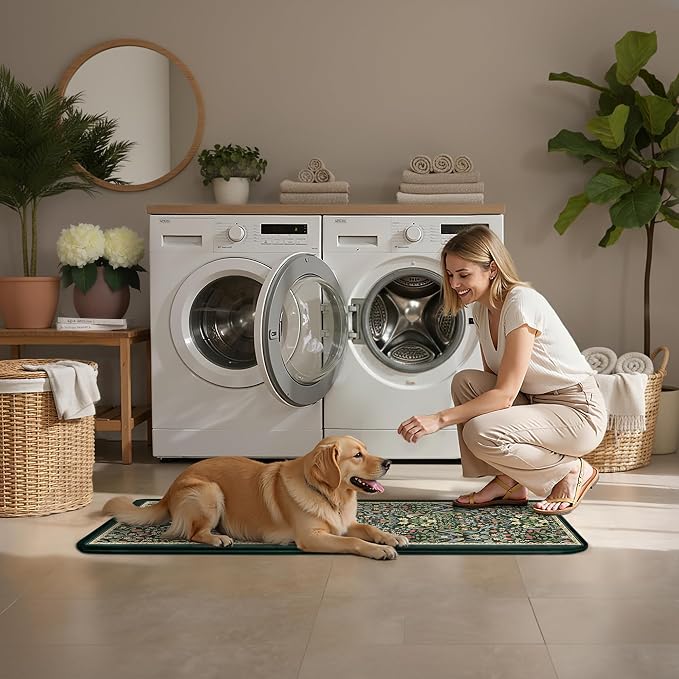 PureCozy Kitchen Mats for Floor 2PCS Anti Fatigue Cushioned Mat Non Slip Comfort Kitchen Rugs Vintage Floral Waterproof Standing Dark Green Mat for Sink Laundry Office Desk 17.3"x47"+17.3"x30"