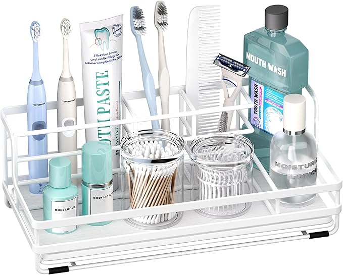 HapiRm Toothbrush Holders for Bathroom - 5 Partitions Bathroom Counter Organizer with Instant Drying Stone, Stainless Steel Countertop Storage Electric Toothbrush Toothpaste Holder - White