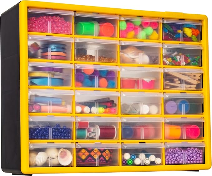 Akro-Mils 24-Drawer Plastic Drawer Storage Cabinet for Garage Organization, Bead Organizer, Building Bricks Storage, Teacher Toolbox, Makeup Organizer, 20" W x 6" D x 16" H, 10124 Yellow