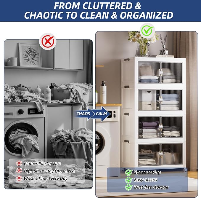 SAILUN 145Gal/580Qt Stackable Storage Bins Folding Collapsible Storage Bins with a Lid, Closet Organizers and Storage,White 26" W x 17" D x 71" H