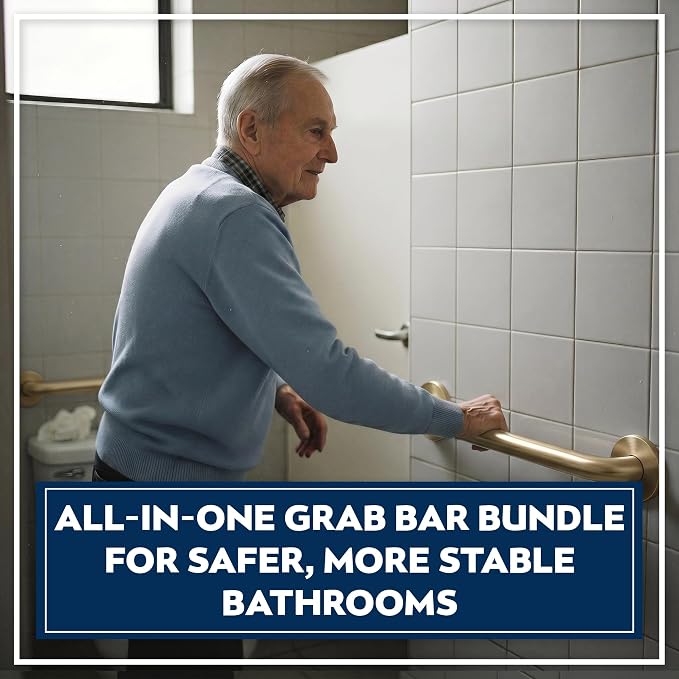 Shower Grab Bars 4 Pack – Complete Bathroom Safety Starter Bundle for Seniors – 16", 18", 24", 32" Lengths, 1.25" Diameter, 500 lb Rated – All-in-One Grab Bar Shower Safety Solution – Brushed Brass