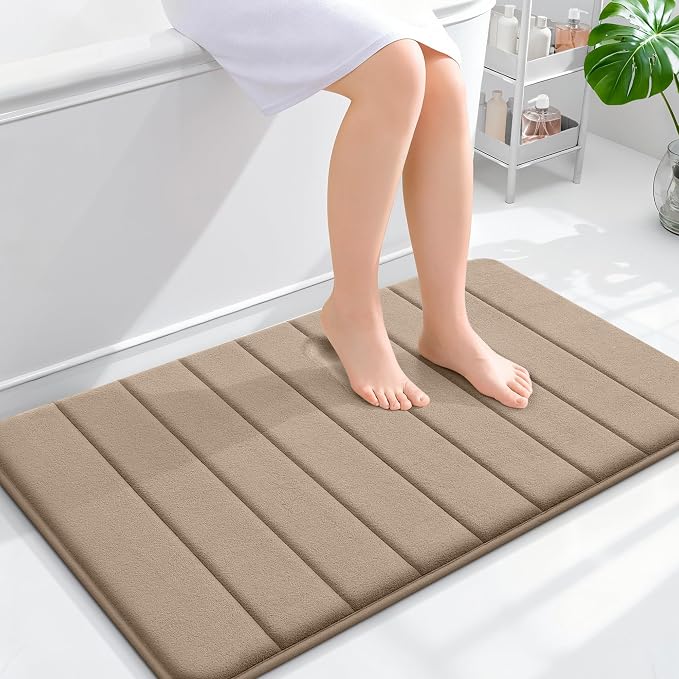 OLANLY Memory Foam Bath Mat 35x24, Super Soft Absorbent Bathroom Rugs, Quick Dry, Machine Washable Shower Floor Rugs, Bathmat Carpet, Bathroom Home Decor Accessories, Tan