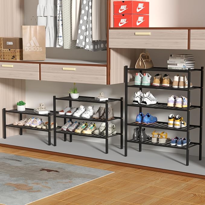 ROMGUAR CRAFT 4 Tier Bamboo Shoe Rack for Closet Free Standing Wood Shoe Shelf for Entryway Small Space Stackable 27"x11"x26" (Black)