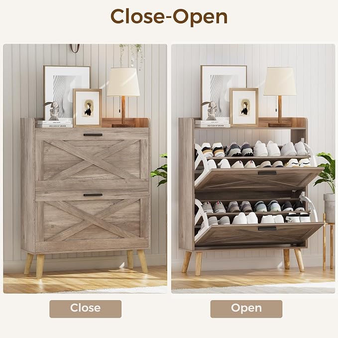 Homleke 32" W Farmhouse Shoe Storage Cabinet with 2 Flip Drawers and Barn Door Design, Adjustable Shelves, Modern Hidden Slim Narrow Shoe Rack Cabinet for Entryway, Foyer, Hallway, Living Room, Greige