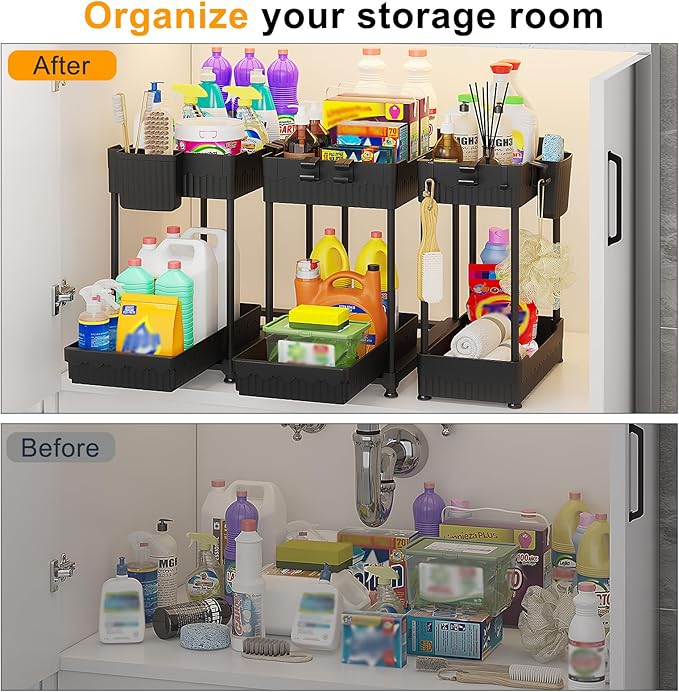 Sevenblue 3 Pack Under Sink Organizers,2-Tier Multi-Use Kitchen and Bathroom Organizers and Storage with Sliding Drawers,Bathroom Cabinet Organizer (Black, 14.8 Inch)