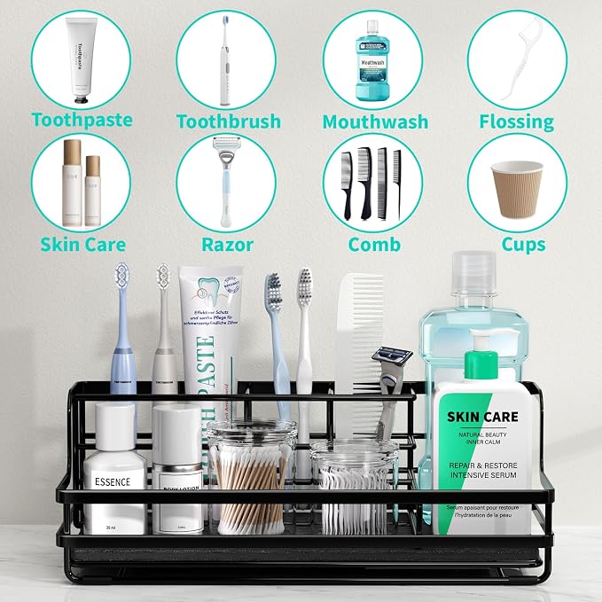 HapiRm Toothbrush Holders for Bathroom - 5 Partitions Bathroom Counter Organizer with Instant Drying Stone, Stainless Steel Countertop Storage Electric Toothbrush Toothpaste Holder - Black(Large)