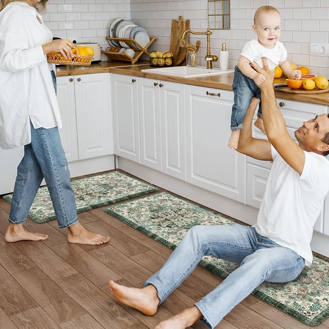 KIMODE Kitchen Mats Cushioned Anti Fatigue, Boho Oriental Kitchen Rugs 17"x47"+17"x29", Non Slip Kitchen Mats for Floor, Padded Kitchen Floor Mats for Sink Laundry Office Desk Green Multi